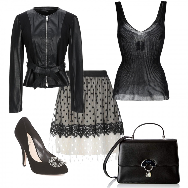 Outfit mujer - Negro y crema. Estilo Bon Ton para Noche/Fiesta elegante. Combinación con bandoleras, zapatos de tacón, minifaldas, top, giacca jersey.