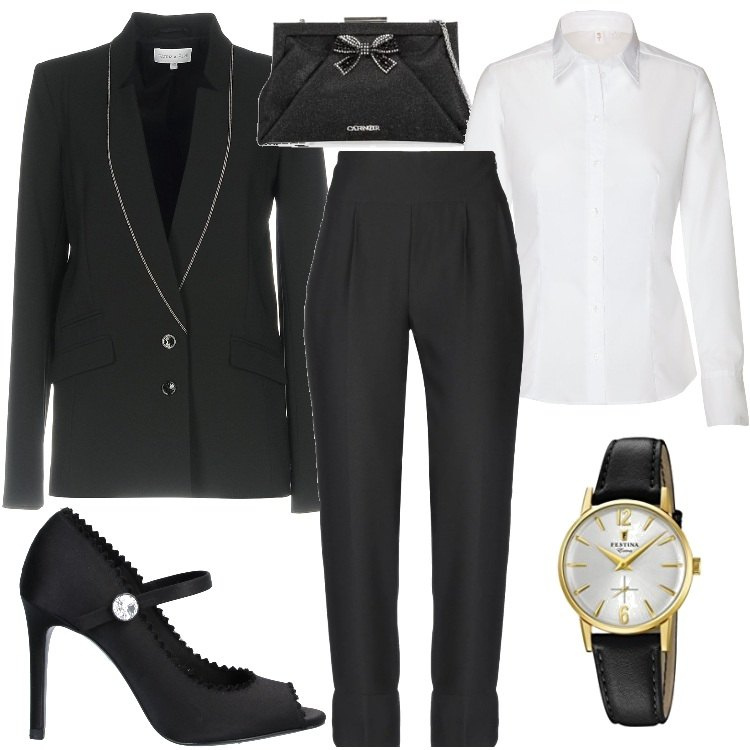 Outfit donna - Un tocco di mascolinita\'. Stile Chic per Serata fuori. Abbinamento con pantalone lungo, giacca, décolleté, pochette, orologio analogico, camicie a manica corta.