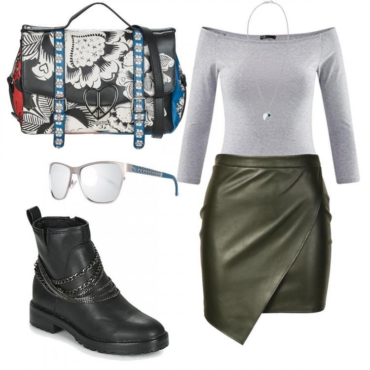 Outfit donna - Stivaletti e minigonna. Abbinamento con gonna, borsa a tracolla, stivaletti, maglia, collane, occhiali da sole.