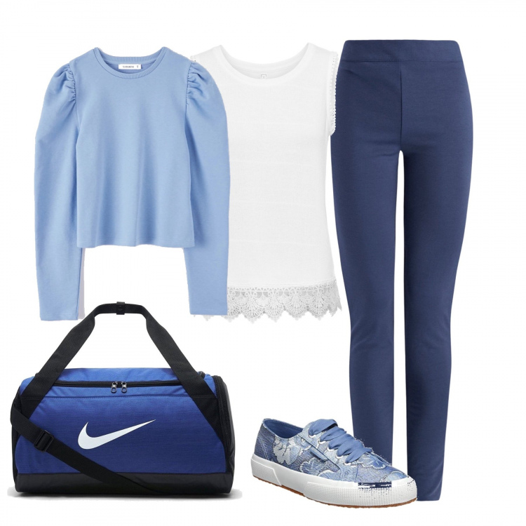 Outfit donna - In palestra. Stile Basic per Sport. Abbinamento con borse a tracolla, felpa, borsa da viaggio nero e blu, leggings, scarpa sportiva.