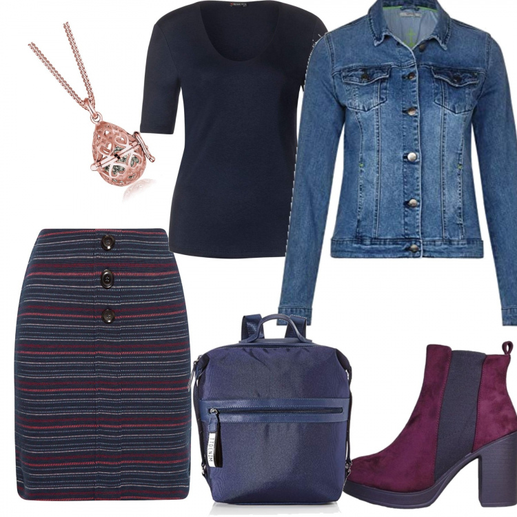 Outfit mujer - Basic #8824. Estilo Basic Combinación con gonna navy, borsa a mano, blazers, maglietta blu, colgantes, botines.