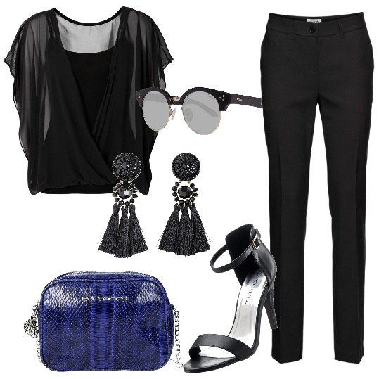 Outfit donna - Black & Blue. Stile Chic per Serata fuori. Abbinamento con pantaloni, bluse, sandali col tacco, maglieria, borse a spalla, occhiali da sole.