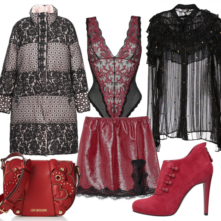 Outfit mujer - Sexy Night. Estilo Sexy para Noche/Fiesta elegante. Combinación con bolso de mano, body, camicia, cintura, botines, plumíferos.