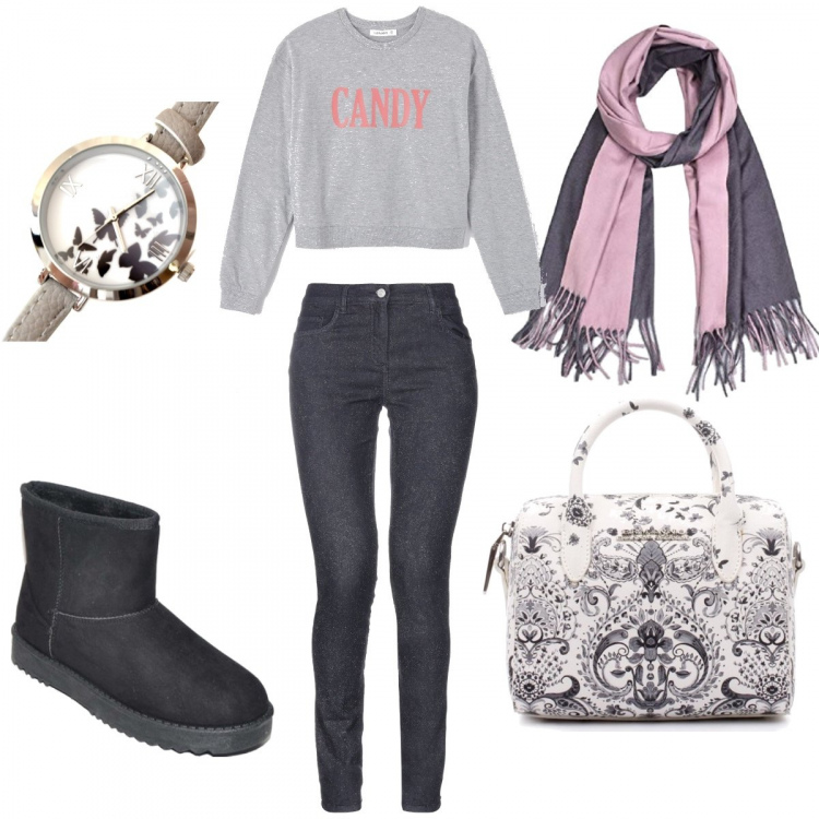 Outfit donna - Felpa alla moda. per Tutti i giorni. Abbinamento con jeans, borsa a mano, orologio analogico nero, stivaletti, felpe, sciarpa lunga.