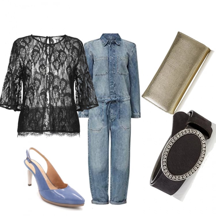 Outfit mujer - Hoy triunfo. Estilo Rock para Noche/Fiesta elegante. Combinación con jumpsuit, cintura nero, zapato, zapatos de tacón, blusa.