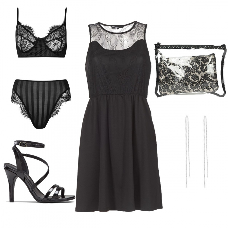 Outfit donna - Pizzo ovunque. Abbinamento con bluse, bralette, vestito corto, borse a mano, orecchini.