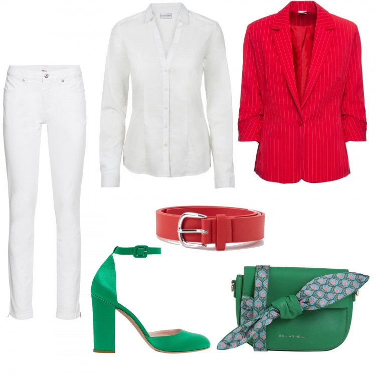 Outfit donna - Orgoglio italiano. Stile Trendy per Ufficio. Abbinamento con jeans skinny, camicie, blazer, borse a tracolla, décolleté, cinture.