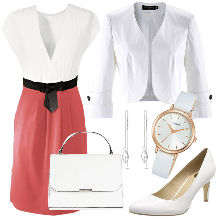 Outfit femme - Pure Peach. Style Chic pour Bureau. Assortir avec robes longues, boléros, sacs à main, chaussures à talons, montres, boucles d'oreilles.