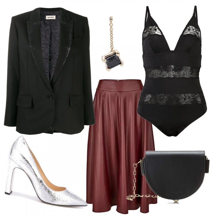 Outfit femme - Sexy #2184. Style Sexy pour Soirée dehors. Assortir avec bodies, porte-jarretelles et nuisettes, jupes, sacs à bandoulière et portés à l'épaule, vestes, blazers et manteaux, chaussures à talon, boucles d'oreilles.