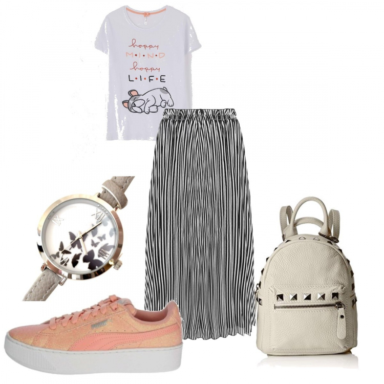 Outfit donna - Basic #8881. Stile Basic per Tutti i giorni. Abbinamento con minigonne, orologio analogico nero, sneakers, zaino beige, t-shirt.