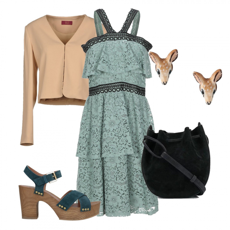 Outfit donna - Pizzo di bosco. Stile Trendy per Tutti i giorni. Abbinamento con borse a secchiello, vestiti corti, sandali col tacco, orecchini, blazer.