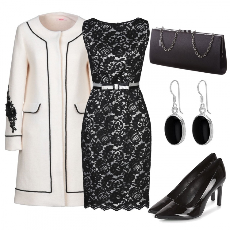 Outfit mujer - Elegancia. Estilo Chic para Noche/Fiesta elegante. Combinación con pendientes, bolsos de mano, zapatos de tacón, vestito a tubo, cappotto con strass.