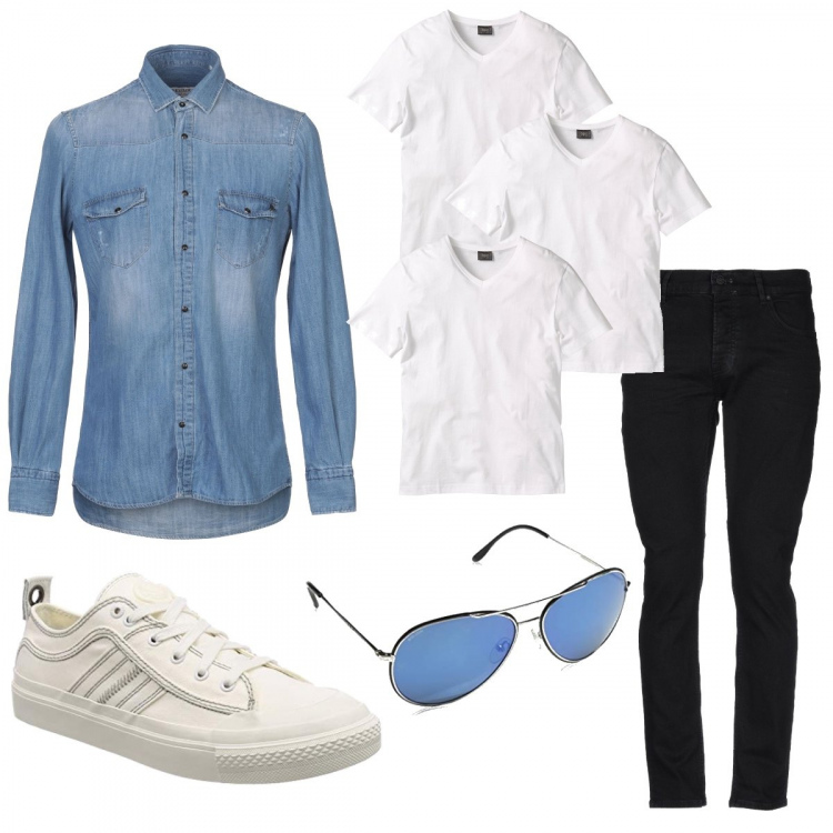Outfit uomo - Un po’ unisex. Stile Casual per Tutti i giorni. Abbinamento con t-shirt, camicia, jeans slim fit, sneakers, occhiali da sole.