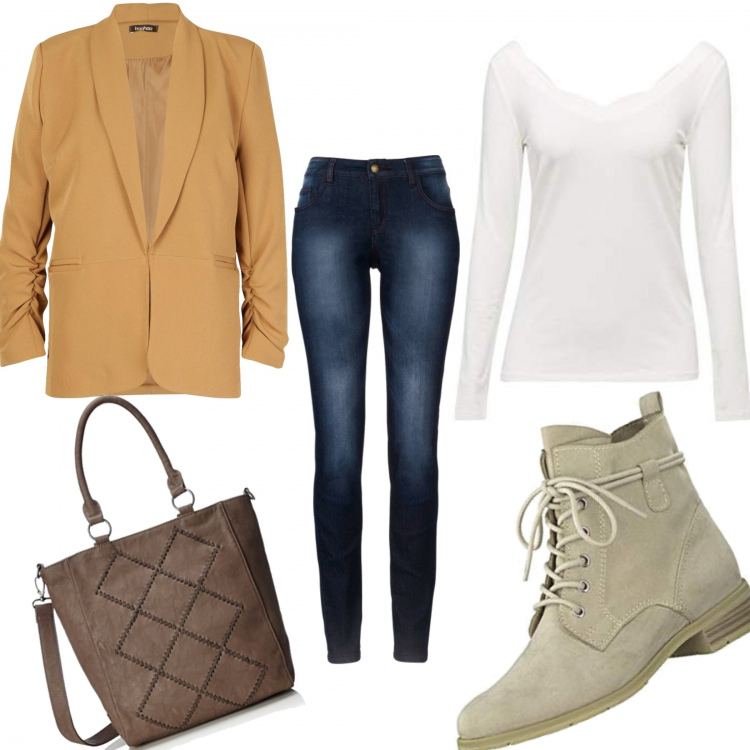 Outfit donna - Kate Winslet outfit. Stile Urban per Tutti i giorni. Abbinamento con jeans skinny, blazer, pullovers, stivaletti, borsa.