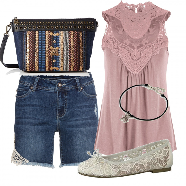 Outfit femme - Moderne en dentelle. Style Urban pour Tous les jours. Assortir avec hauts, jeans, ballerines et chaussures plates, sacs à bandoulière et portés à l'épaule, bracelets.