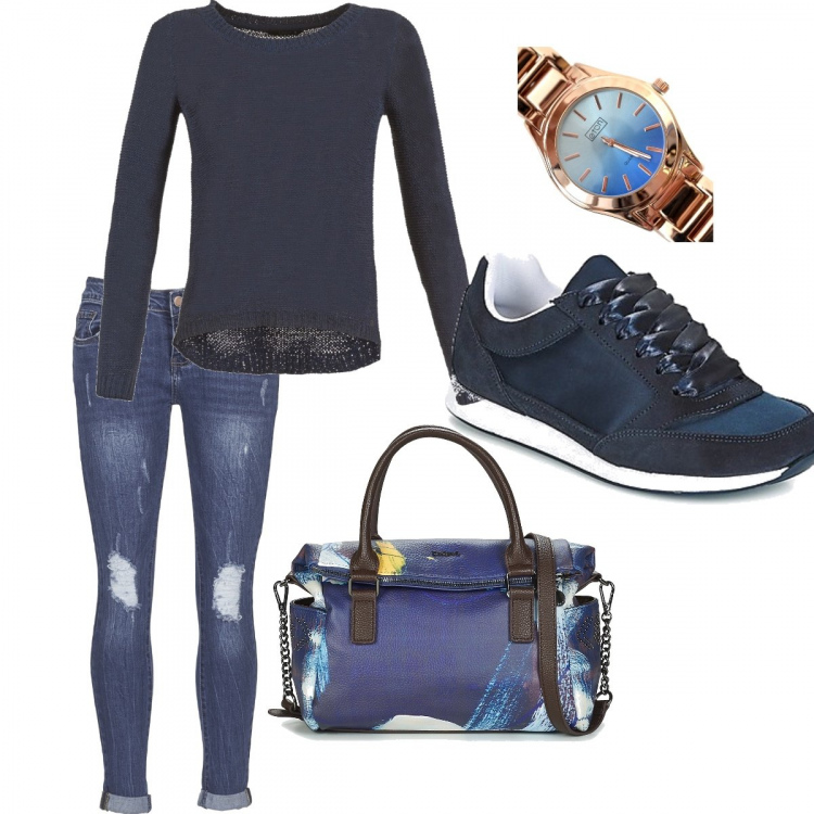 Outfit donna - Comoda e pratica. Stile Basic per Tutti i giorni. Abbinamento con maglieria, scarpe blu, jeans, borsetta blu, orologio analogico azzurro e blu.