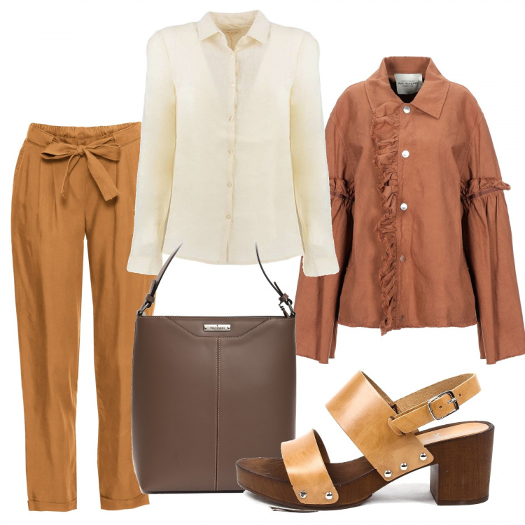 Outfit donna - Scala di marrone. Stile Urban per Ufficio. Abbinamento con giacca, shopping bag, camicie, sandali, borsa.