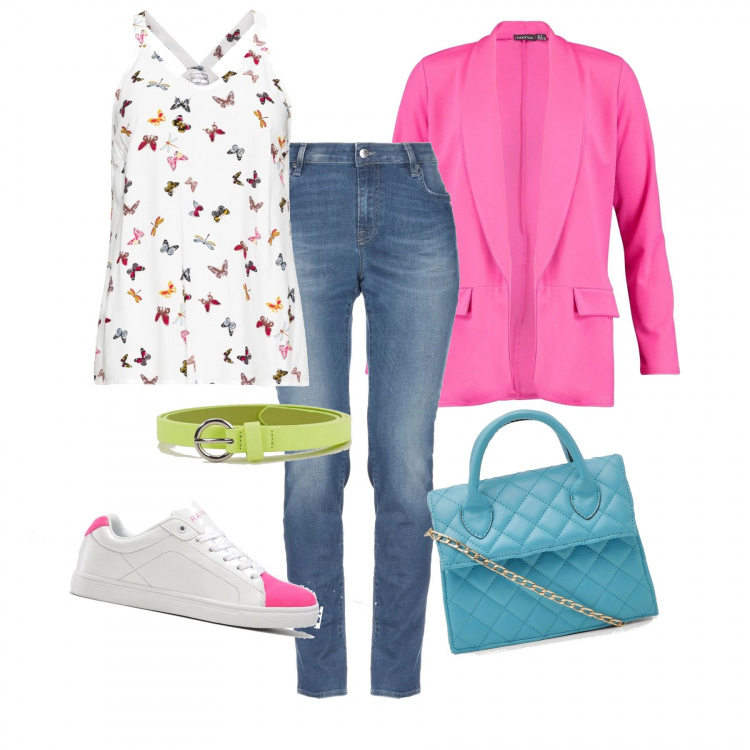 Outfit donna - Basic #8949. Stile Basic per Tutti i giorni. Abbinamento con top, sneakers sport con lacci fucsia, pantalone lungo, cinture, blazer, corpo.