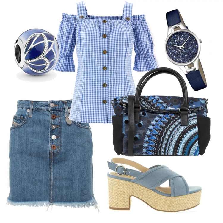 Outfit donna - Voglia di estate e spensieratezza. Stile Trendy per Tutti i giorni. Abbinamento con camicie a manica corta, borsa a tracolla, sandali, gonna in denim con bottoni, orologi analogici, ciondoli.