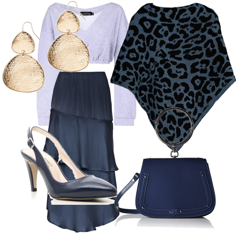 Outfit donna - Etnico #1035. Stile Etnico per Serata fuori. Abbinamento con gonne longuette, orecchini, felpa con scollo grigio, décolleté, poncio, borse a spalla.