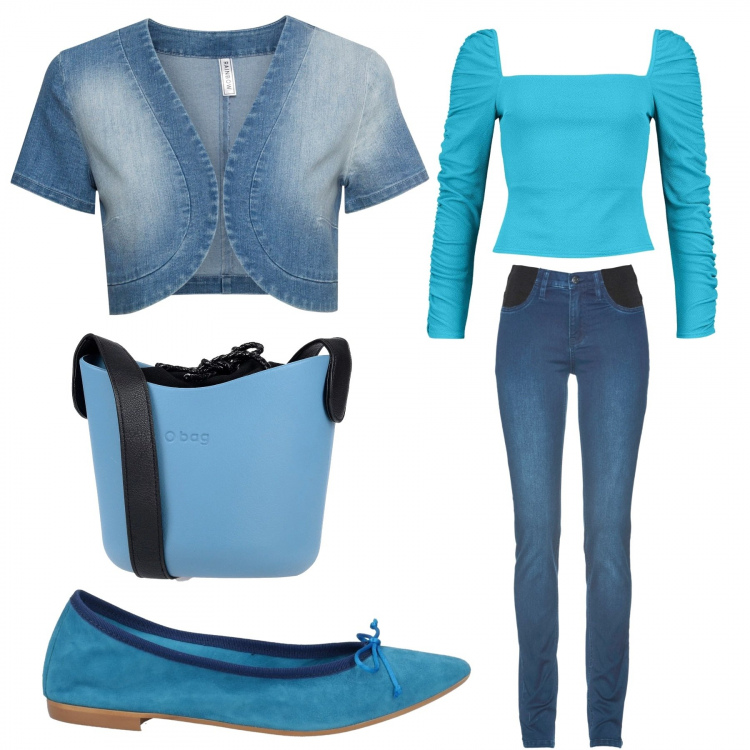 Outfit donna - Focus donna tall. Stile Trendy per Tutti i giorni. look ideale per Tall. Abbinamento con jeans skinny, bolero, borse a spalla, ballerine, top.