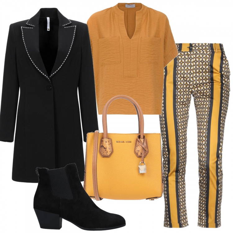 Outfit donna - In ufficio in primavera. Stile Trendy per Ufficio. Abbinamento con stivaletti chelsea, borse a mano, pantaloni, cappotti, top.