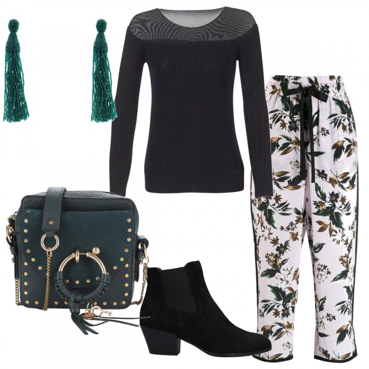 Outfit donna - Pantaloni fantasia. Stile Trendy per Tutti i giorni. Abbinamento con stivaletti chelsea, borsa a tracolla, orecchini, maglieria, pantaloni a palazzo.