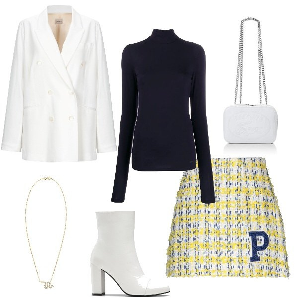 Outfit femme - Crazy legs. Style Tendance pour Tous les jours. Assortir avec chaussure à talon, jupes, sacs à bandoulière et portés à l'épaule, tops et blouses, vestes, blazers et manteaux, colliers et pendantifs.