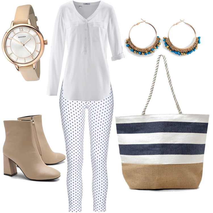 Outfit donna - Comoda e leggera. Stile Basic per Tutti i giorni. Abbinamento con bluse, leggings, orecchini, borsa, tronchetti, orologi.