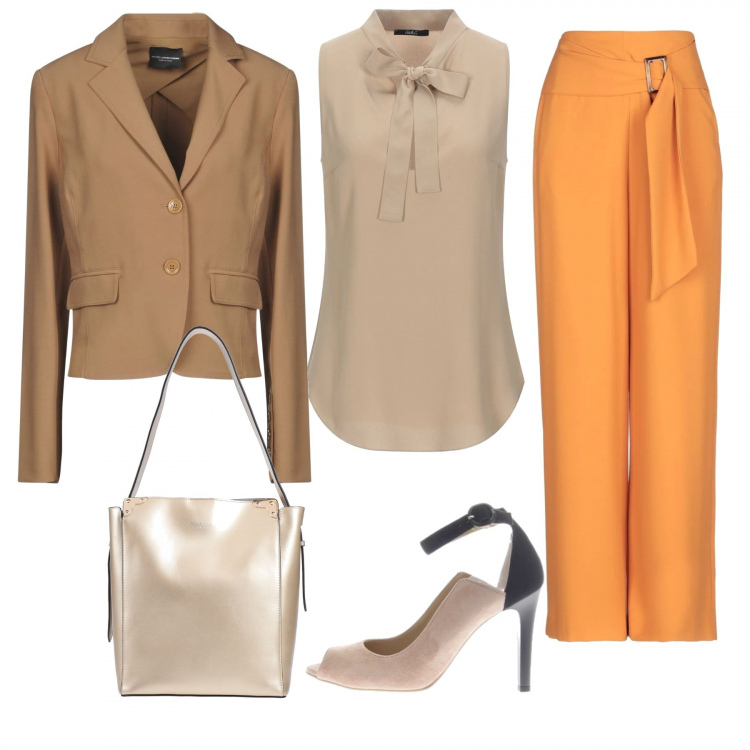 Outfit donna - Bella.giornata. Stile Bon Ton per Tutti i giorni. Abbinamento con pantaloni, top, blazer, borse a spalla, scarpa.