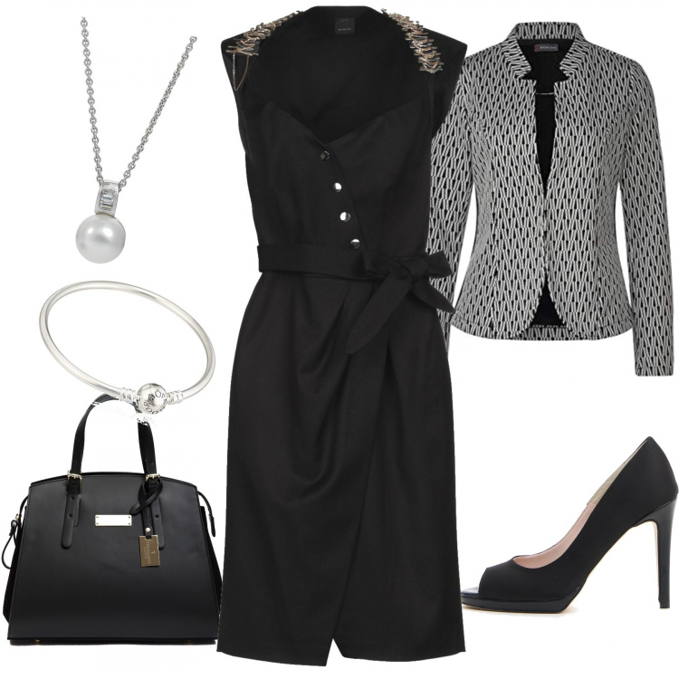 Outfit donna - Nicole. Stile Bon Ton per Serata fuori. Abbinamento con vestiti midi/longuette, blazer, décolleté, braccialetti, borsa a mano, collane.