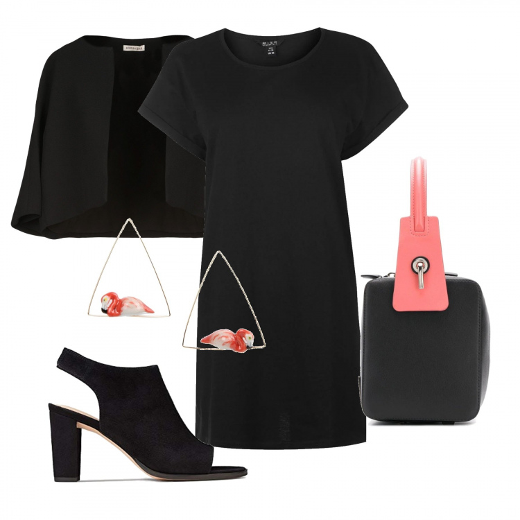 Outfit donna - Curvy Total black. Stile Trendy per Serata fuori. Abbinamento con borse tote, blazer, orecchini, t-shirt, scarpe col tacco.