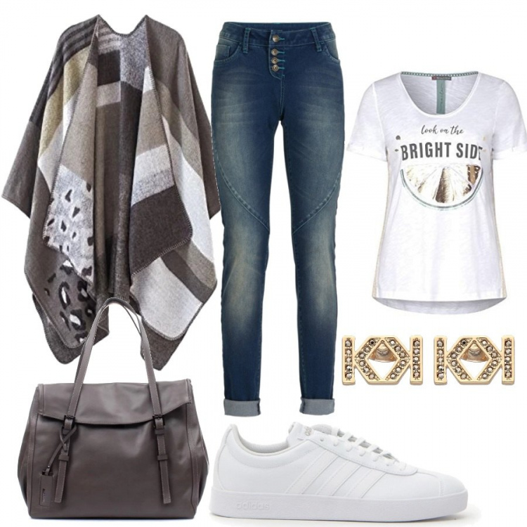 Outfit donna - Cappa patchwork. Stile Trendy per Tutti i giorni. Abbinamento con jeans boyfriend, orecchini, borse a mano, t-shirt, poncio, sneakers.