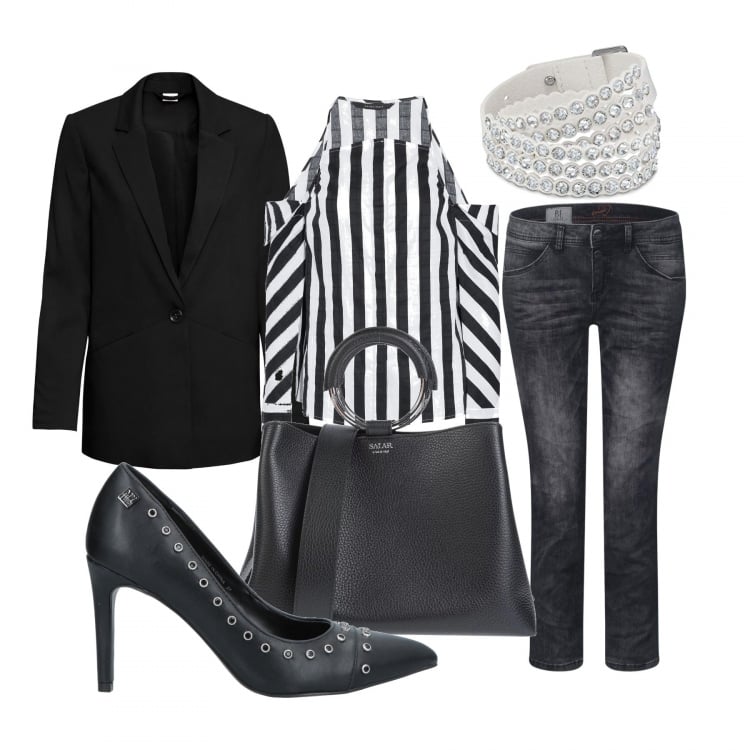 Outfit donna - I tacchi in ufficio. Stile Chic per Ufficio. Abbinamento con camicie, décolleté, borse a mano, blazer, jeans, braccialetto.