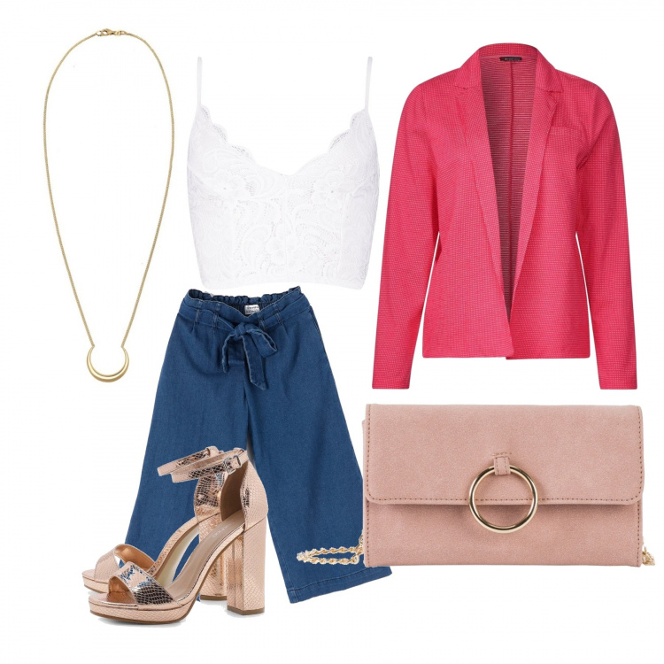 Outfit donna - Trendy #15414. Stile Trendy per Serata fuori. Abbinamento con cappotti, jeans, scarpe col tacco, bralette, giacca, collane.