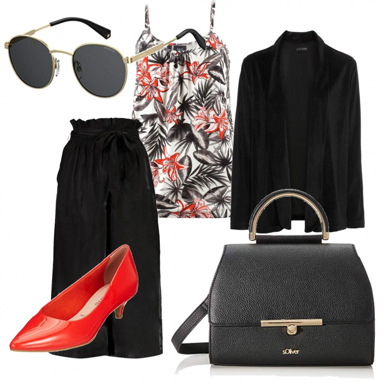 Outfit donna - Trendy #15437. Stile Trendy per Ufficio. Abbinamento con top, blazer, pantalone a palazzo, occhiali da sole, scarpa col tacco, borsa a tracolla.