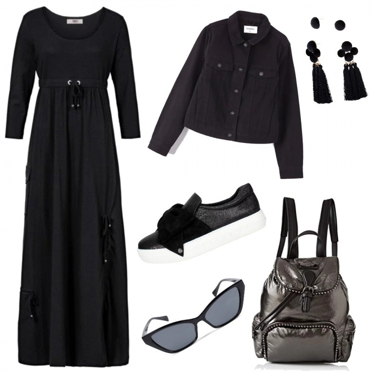 Outfit donna - Total black - donna curvy. Stile Urban per Tutti i giorni. Abbinamento con vestiti lunghi, orecchini, cappotti, scarpa, zaini, occhiali da sole.