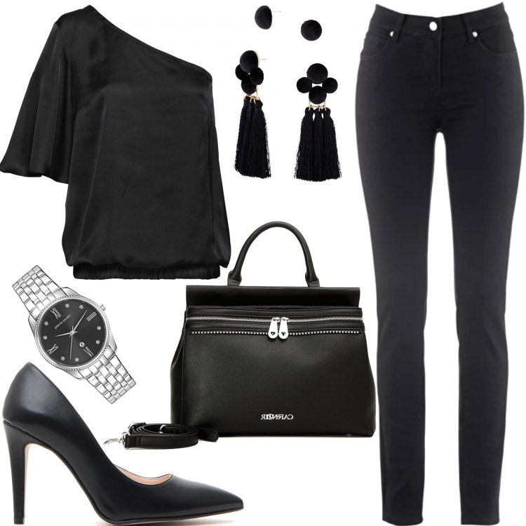 Outfit donna - Col nero non si sbaglia mai. Stile Rock per Serata fuori. Abbinamento con jeans dritti, cardigans, orecchini, borsa a mano, décolleté, orologi.