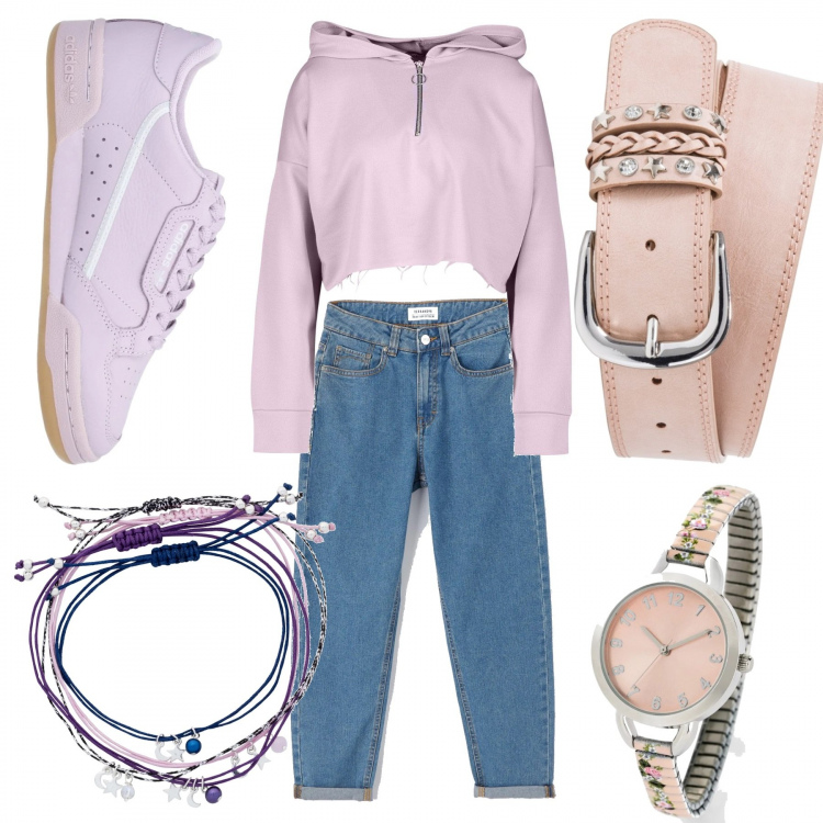 Outfit donna - Belle anche a casa. Stile Basic per Tutti i giorni. Abbinamento con cintura, orologio, braccialetto, sneakers, jeans mom, felpa con cappuccio.