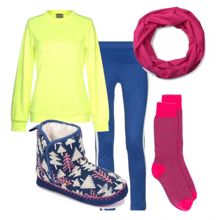Outfit donna - #iorestoacasa fluo. Stile Basic per Tutti i giorni. Abbinamento con leggings, felpe, pantofole, calzini con ricamo, foulard jersey.