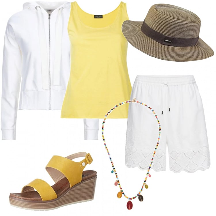 Outfit donna - Belle a casa e sul terrazzo. Stile Basic per Tutti i giorni. Abbinamento con giacche, collane, felpe con cappuccio, canottiera con scollo senza maniche con orlo giallo e arancione, sandali, cappello.