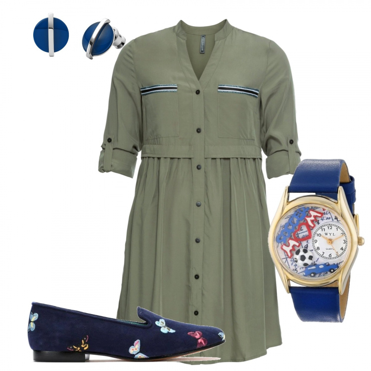 Outfit donna - Smart working. Stile Basic per Ufficio. Abbinamento con vestiti chemisier, orecchini, ciabatte, orologi.