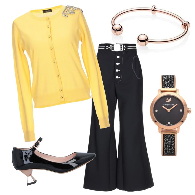 Outfit donna - Bella ed elegante mentre lavoro da casa!. Stile Trendy per Tutti i giorni. Abbinamento con cardigan, orologio, pantalone lungo, décolleté, bangle.