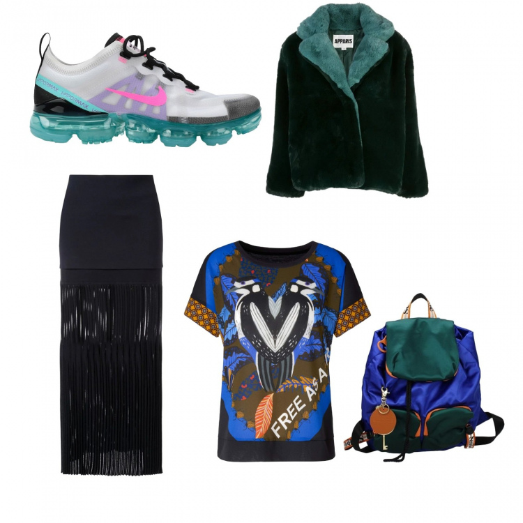 Outfit donna - Manhattan. Stile Urban per Tutti i giorni. Abbinamento con zaini, ecopellicce, gonna plissè vita alta, sneakers, blusa.