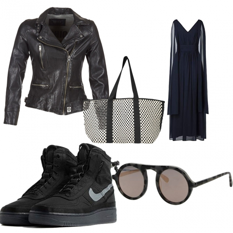 Outfit donna - Caffè pomeriggio. Stile Rock per Ufficio. Abbinamento con occhiali da sole, giacche, borse a spalla, vestito, scarpa sportiva.