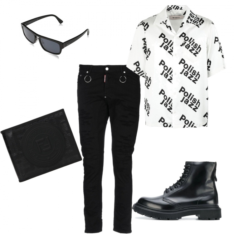 Outfit uomo - Casual #4394. Stile Casual per Tutti i giorni. Abbinamento con portafogli, stivali con lacci e punta tonda nero, camicia a maniche corte, jeans strappati, occhiali da sole.