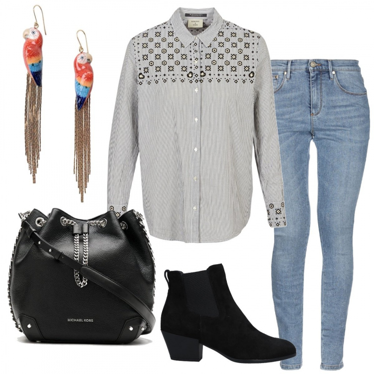 Outfit donna - Camicia folk. Stile Basic per Tutti i giorni. Abbinamento con stivaletti chelsea, pantalone lungo, orecchini, camicia, borsa a secchiello.