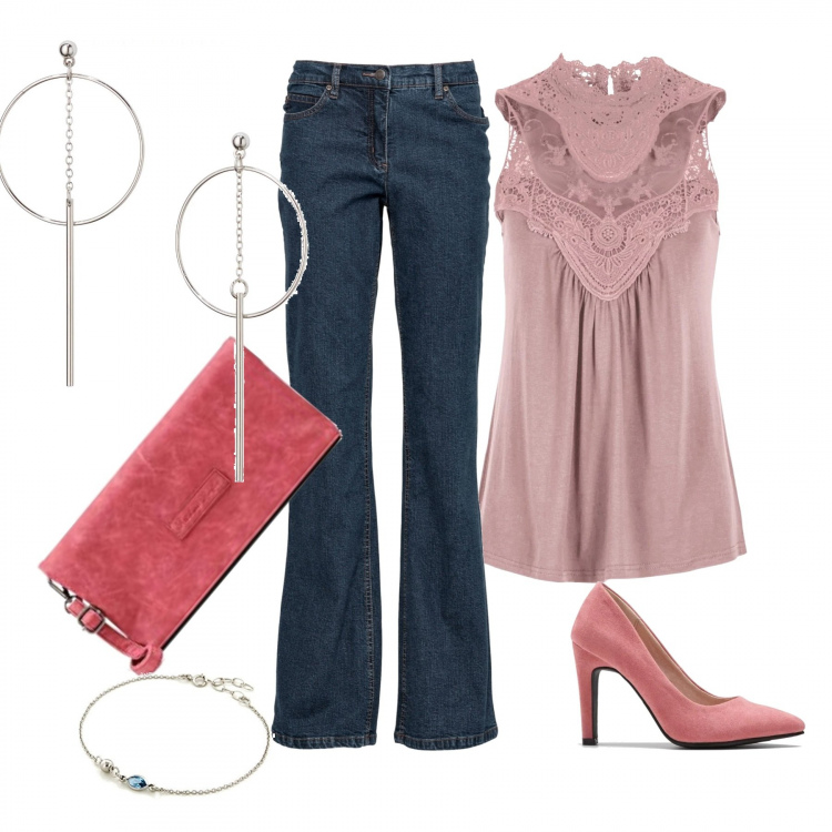 Outfit femme - Rosi. Style Tendance pour Soirée dehors. Assortir avec hauts, jean bootcut, ballerines, boucles d'oreilles, clutchs et pochettes, bracelets.