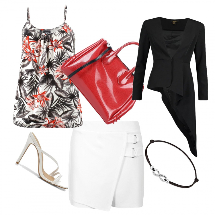 Outfit donna - Asimmetria dominante. Stile Chic per Tutti i giorni. Abbinamento con top, borse a mano, blazer, shorts, sandali con tacco, braccialetto.