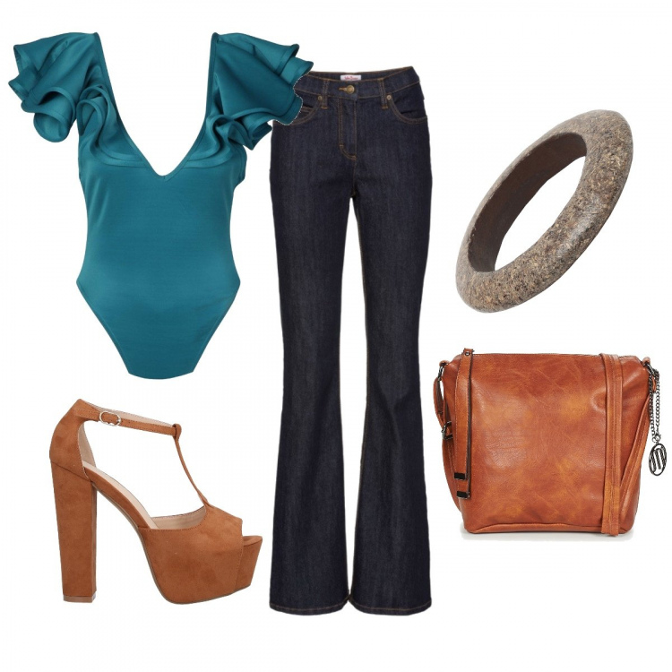 Outfit donna - Vintage: anni \'70. Stile Trendy per Serata fuori. Abbinamento con jeans bootcut, sandali con tacco, braccialetti, body, borsa a tracolla.